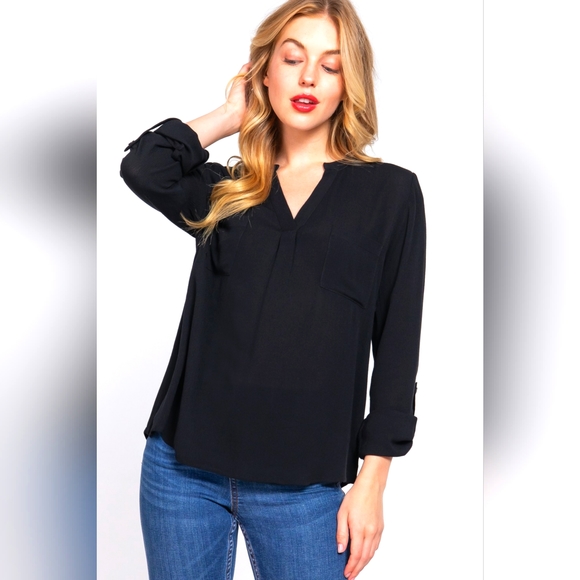 ACTIVE BASIC Full Size Notched Long Sleeve Woven Top - Picture 1 of 5